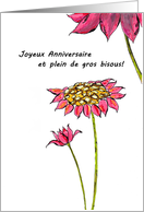 French Birthday Greeting Happy Birthday Lots Of Kisses Flower Sketch card