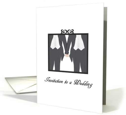 Gay wedding invitation two men in morning dress and holding hands card