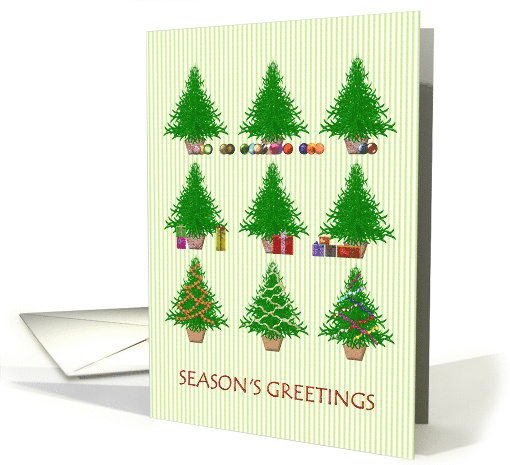 Season's Greetings Holiday Trees Baubles Presents and Tinsel card