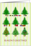 Season’s Greetings Holiday Trees Baubles Presents and Tinsel card