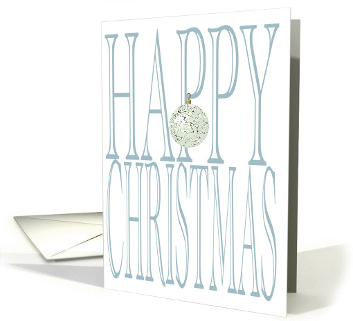 A patterned glass bauble hanging from a huge Christmas greeting card