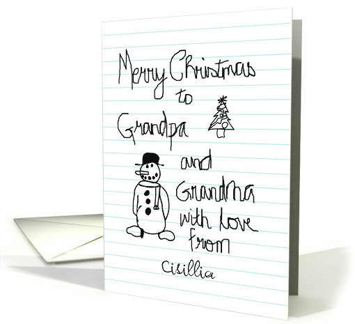 Merry Christmas Grandpa Grandma Child's Writing Snowman Tree card