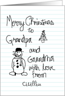 Merry Christmas Grandpa Grandma Child’s Writing Snowman Tree card