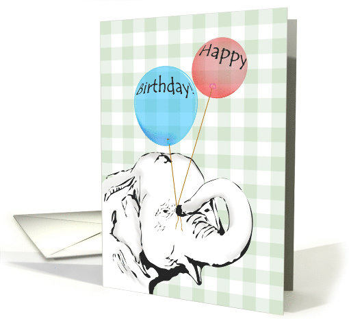Elephant Holding Birthday Balloons Gingham Check card (1197330)