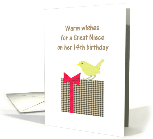 Great Niece 14th Birthday Little Yellow Bird Perched on Present card