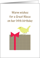 Great Niece 14th Birthday Little Yellow Bird Perched on Present card
