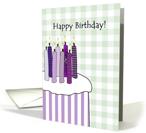 Birthday purple cake stripes, huge birthday cake and candles card
