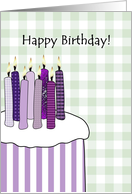 Birthday purple cake stripes, huge birthday cake and candles card