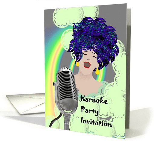 Invitation to karaoke party, lady singing in front of microphone card
