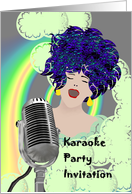 Invitation to karaoke party, lady singing in front of microphone card