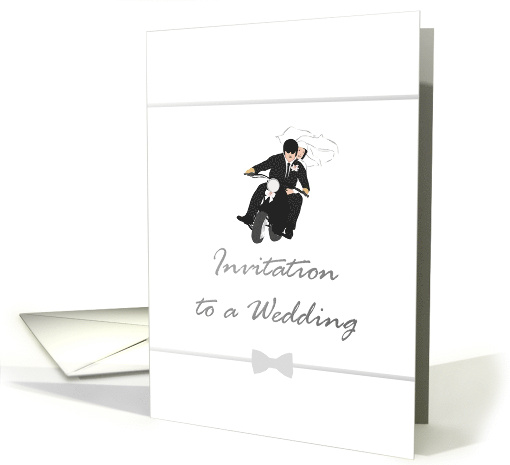 Biker Themed Wedding Invitation Bride and Groom on a Motorbike card