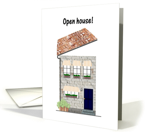 Open house invitation, pretty brick house with open tiled roof card
