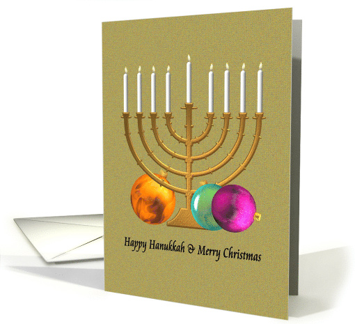 Hanukkah and Christmas Colorful Baubles Lit Candles on Menorah card