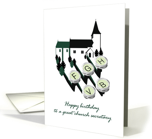 Birthday for church secretary, church and typewriter keys card