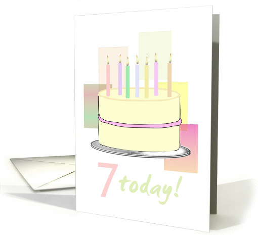 7th birthday, cake with 7 candles in pastel colors card (1304800)