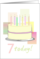 7th birthday, cake with 7 candles in pastel colors card
