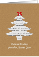 Christmas from our house to yours, paper holiday tree with red bow card
