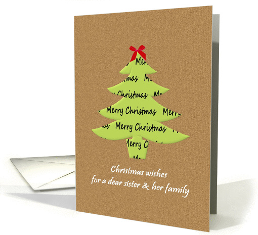 Christmas for sister and family, paper holiday tree with red bow card