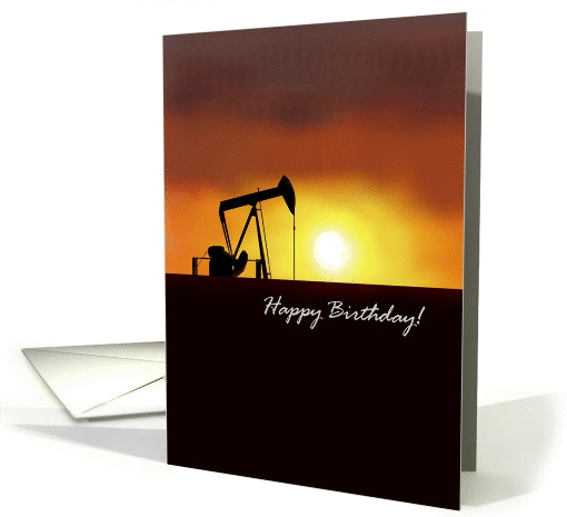 Oil pump jack against sunset sky, birthday card (1313446)