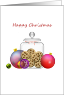 Christmas, colorful baubles and cookies in a jar card