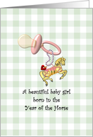 Baby girl born in the Year of the Horse, pacifier and cute horse charm card