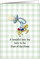 Baby boy born in the Year of the Horse, pacifier and cute horse charm card