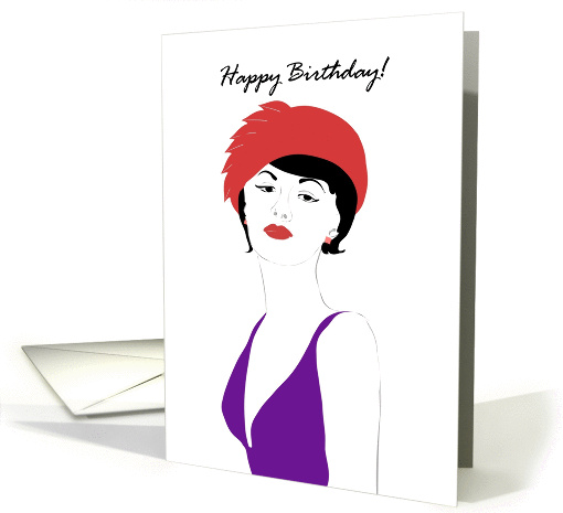 Birthday Lady in red hat and purple dress card (1323700)