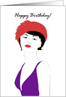 Birthday Lady in red hat and purple dress card