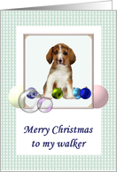 Christmas for dog walker, beagle puppy and baubles card