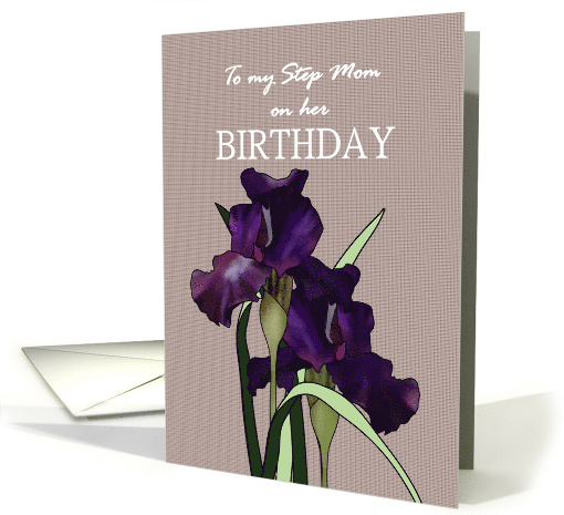 Birthday Step Mom Pretty Irises on Patterned Grey Background card