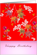 Birthday Asian Art Colorful Maple Leaves Florals On Red Background card