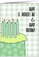 Birthday on St. Patrick’s Day, green cake and icing on green gingham card