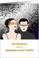 Invitation to masquerade party, couple wearing masquerade masks card