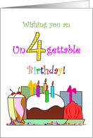 Colorful un4gettable 4th birthday, cake jelly ice cream and presents card