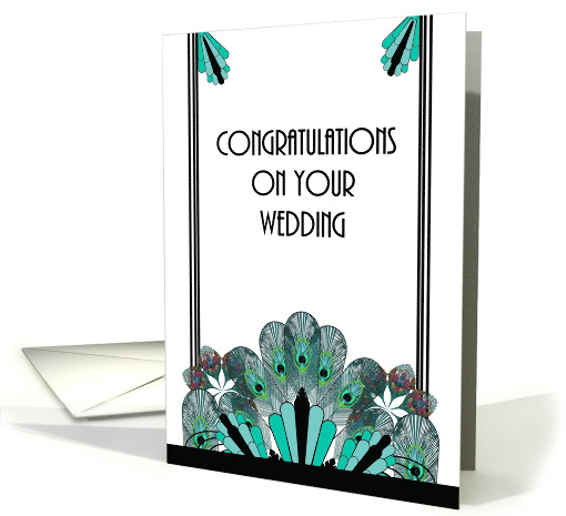 Wedding Congratulations Art Deco Borders With Peacock Feathers card