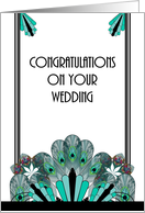 Wedding congratulations, art deco borders with peacock feathers card
