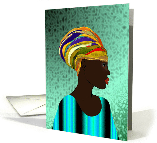 Happy Kwanzaa, African lady in colorful attire, African art card