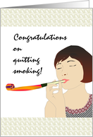 Congratulations on quitting smoking, lady blowing party blower card