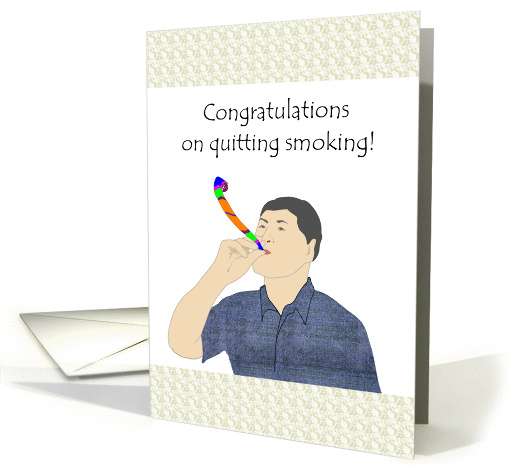 Congratulations on quitting smoking, man blowing party blower card