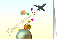 Happy Holidays Flight Attendant Baubles Falling From Plane card