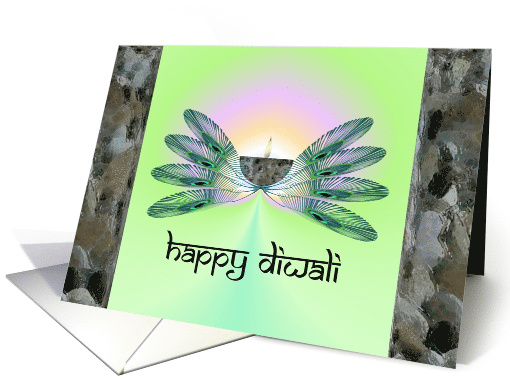 Diwali, Oil Lamp Nestled against Peacock Feathers card (1346326)