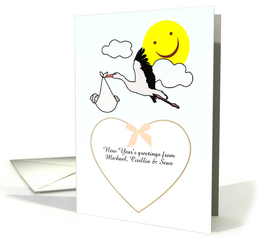 Custom Baby Announcement in the New Year Stork Carrying... (1352324)