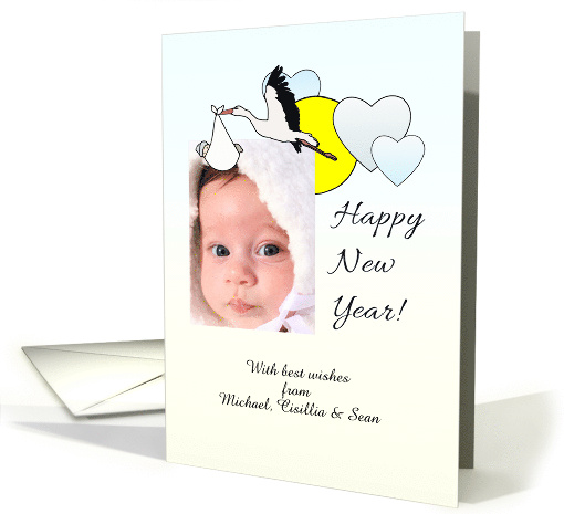 Custom Baby Announcement in the New Year Stork Carrying... (1352756)