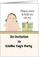 Birthday party invitation for kids, little girl eating cake with spoon card