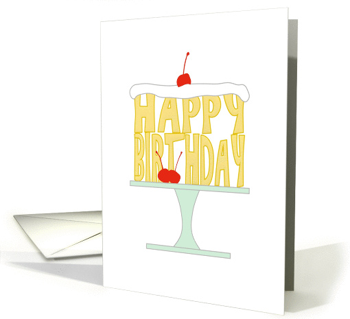 Birthday cake with icing and cherries, greeting cake cartoon card