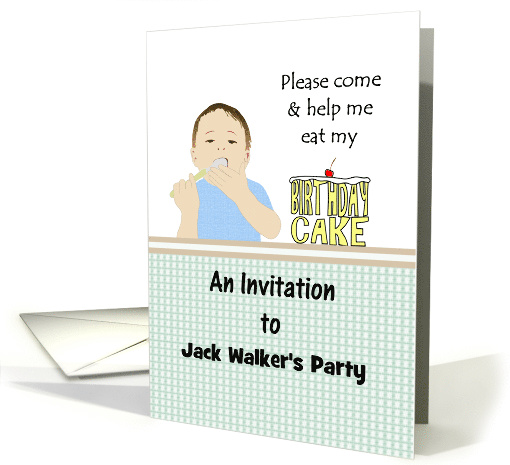 Birthday party invitation for kids, little boy eating... (1360890)