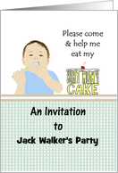 Birthday party invitation for kids, little boy eating cake with spoon card