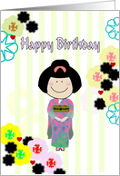 Birthday cartoon sketch of lady in colorful kimono abstract florals card