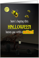 Halloween Glowing Bees Flying Over Cemetery Moonlit Sky card