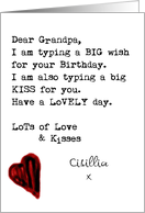 Birthday Grandpa Typed Note and Hand Drawn Red Heart Custom card